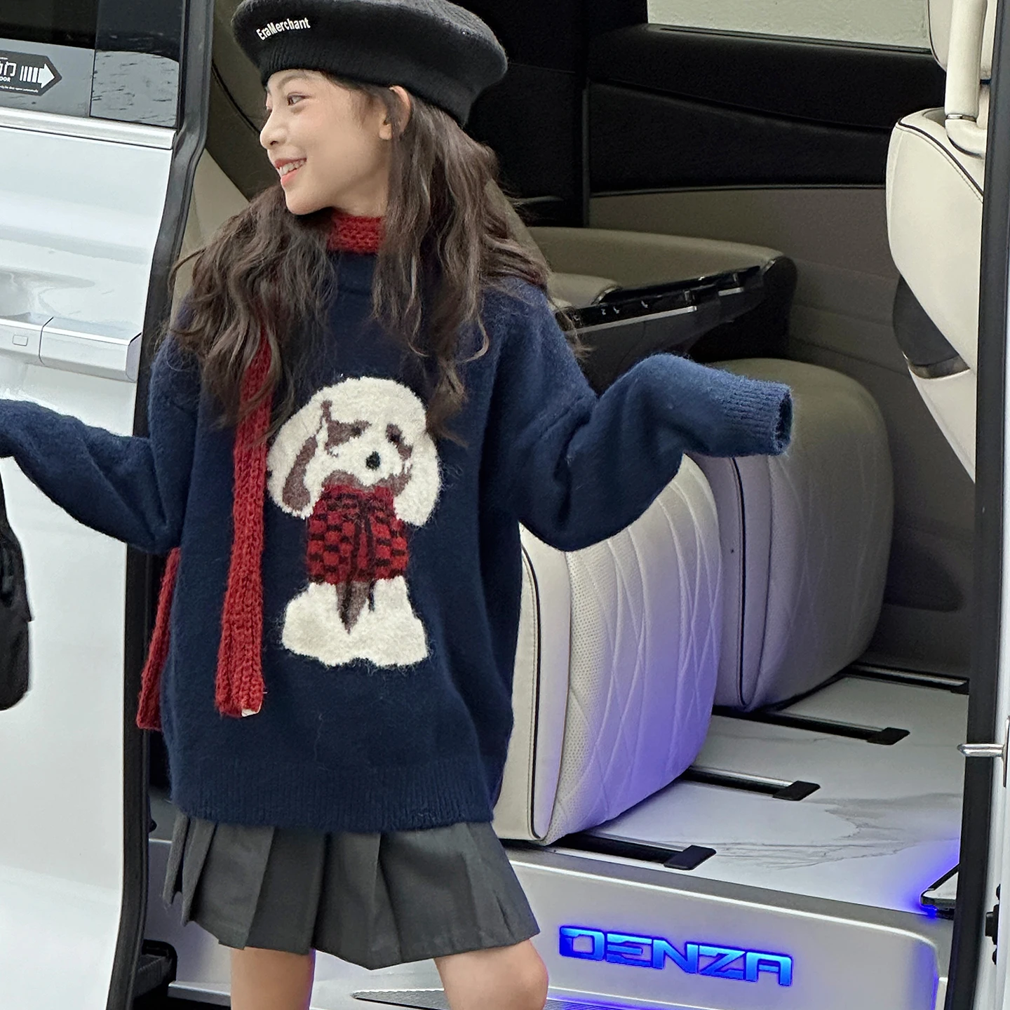 Festival Atmosphere Cute Dog Long Sleeve Knitted Sweater Winter New Style Elegant Loose Fashionable Top for Girls Students Kids