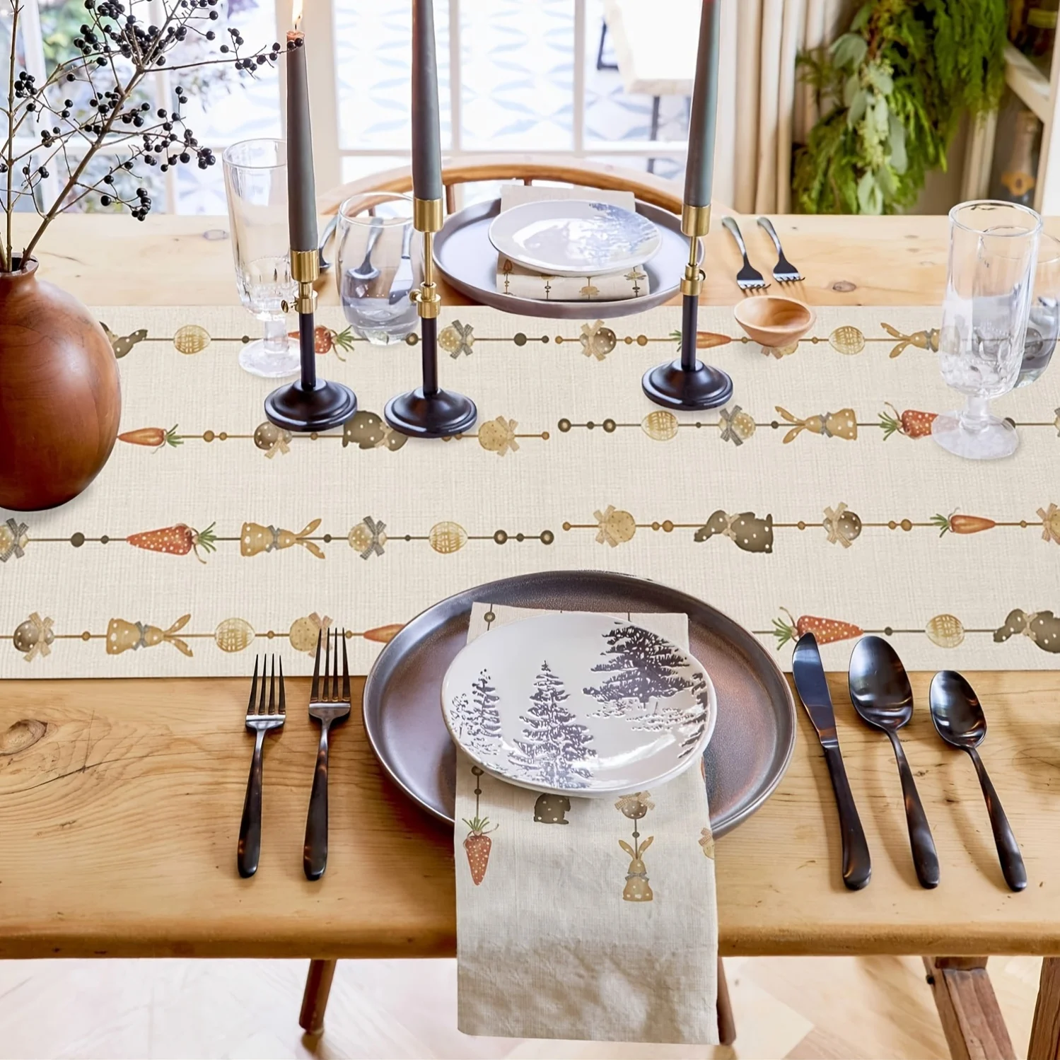 Polyester Table Runner Featuring Easter Bunnies Carrots Cute String Arrangement Ideal For Easter Party Table Settings Creating