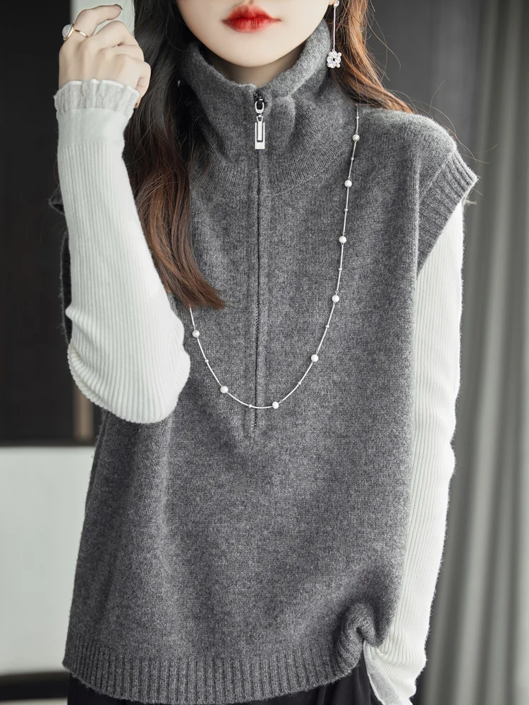 

With An Academic Style 100% Merino Cashmere Wool Vest Women Turtleneck Zippered Sleeveless Knitwear Full Of Vitality
