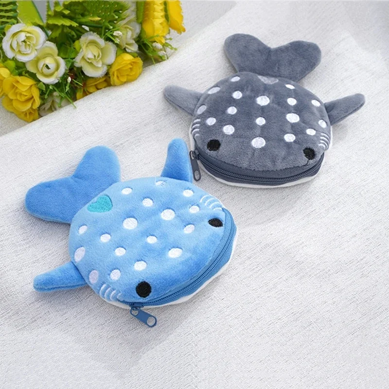 Fashion Cute Blue Shark Mini Whales Coin Purse Plush Zipper Coin Wallet Designer Women's Small Change Bag Key Earphone Pouch