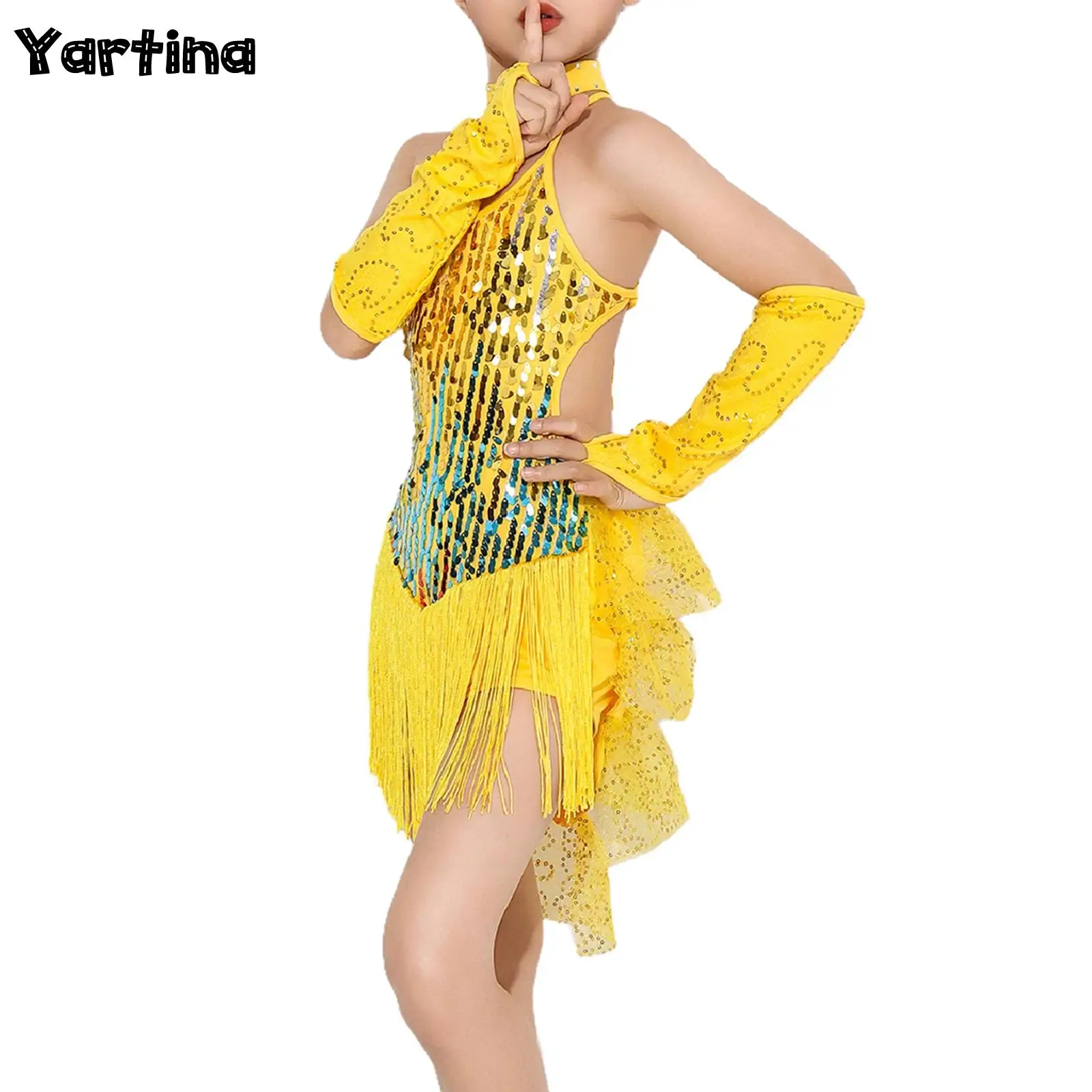 

Kids Girls Latin Ballroom Dance Performance Costume Sequin Bodice Tassel Front Tiered Sequined Dress with Gloves And Choker