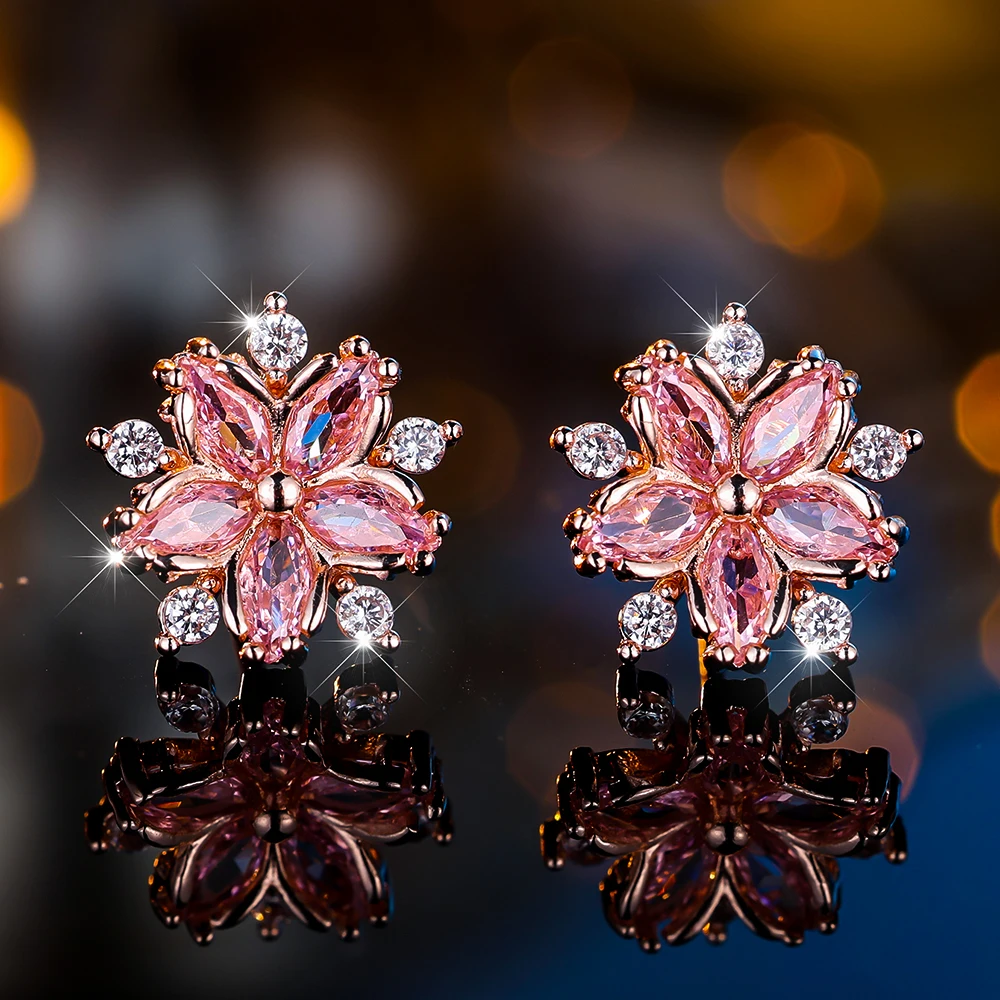 Cute Female White Purple Zircon Stone Snowflake Stud Earrings Vintage Rose Gold Color Wedding Jewelry For Women