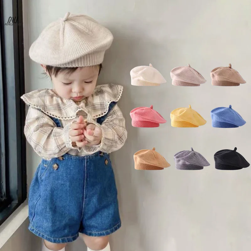 Fashion Cute Baby Knitted Beret Hat Solid Color Children\'s Warm Hats Autumn Winter Cap For Kids Outdoor Bonnet Accessories Gift