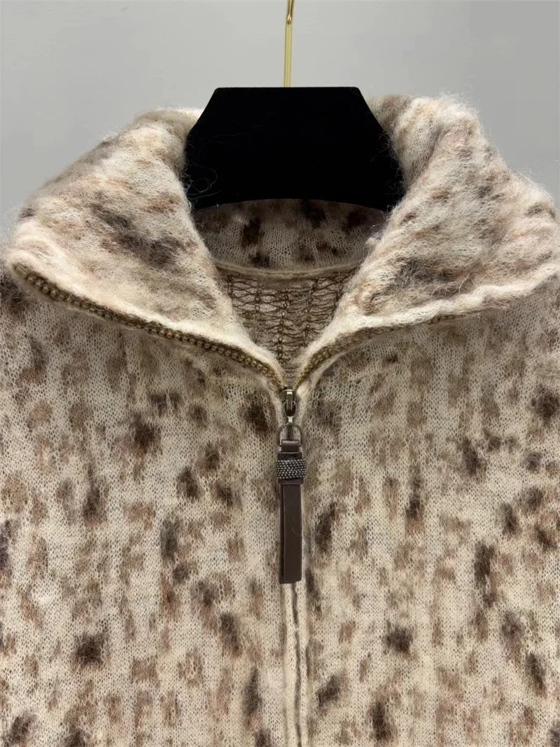 Women's 2026 Autumn Winter New Leopard Print Mohair Knitted Stand-up Collar Loose Zipper Jacket