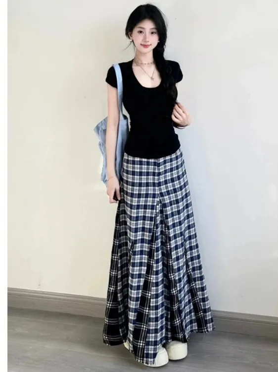 

Black Korean Style Fashion Set Women's Summer Plaid Split Half Skirt Elegance Two-Piece Suit Breathable Polyester Short Sleev...