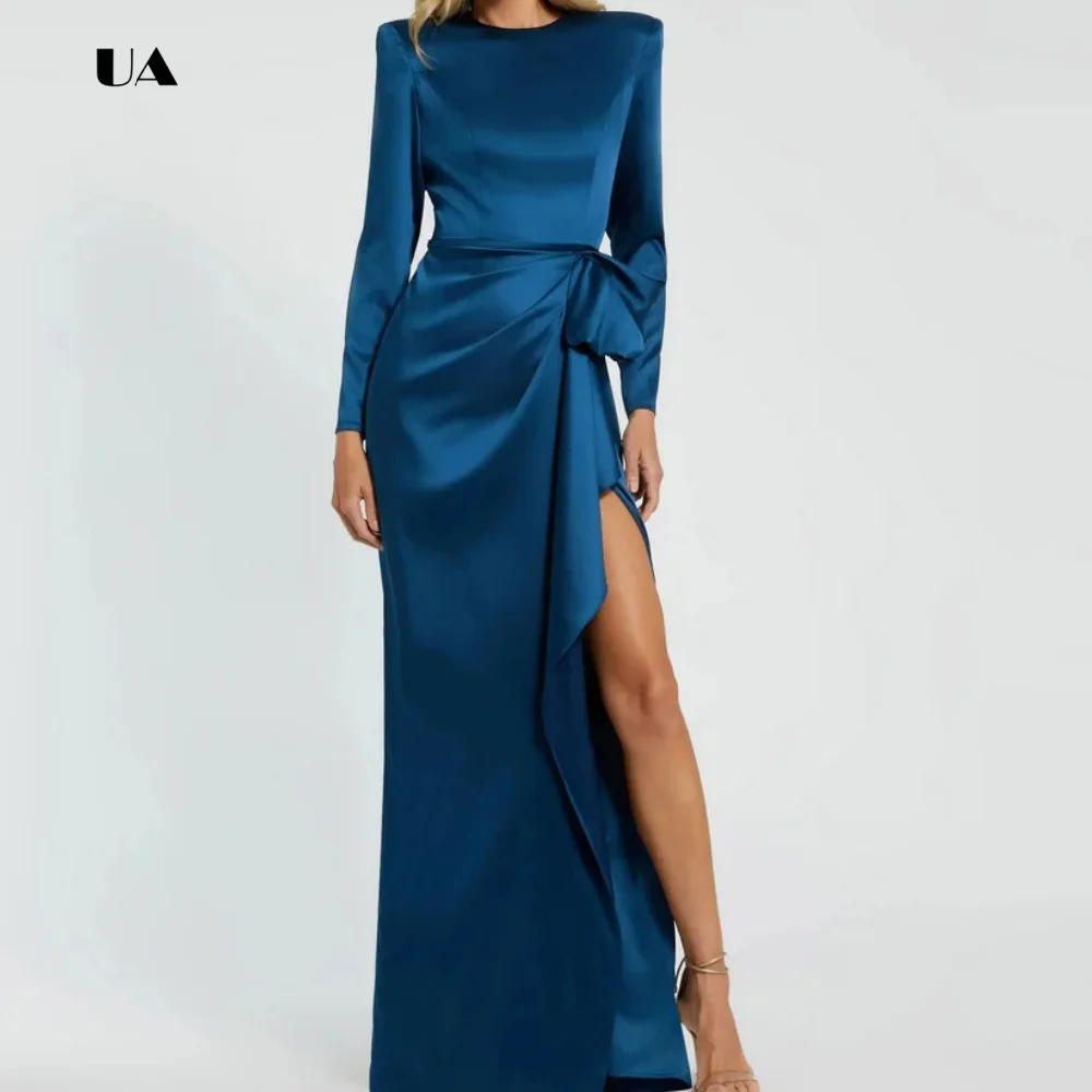 Vestido de fiesta de columna drapeado simple con hombro regular, vestido de noche personalizado de satén, vestido de fiesta sólido con lazo estructurado