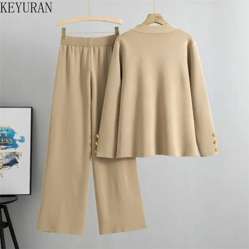 2024 Autumn Winter Knitted Set Women Casual Gold Button V-Neck Long Sleeve Sweater Cardigan Coat + Wide Leg Pants Two Piece Sets