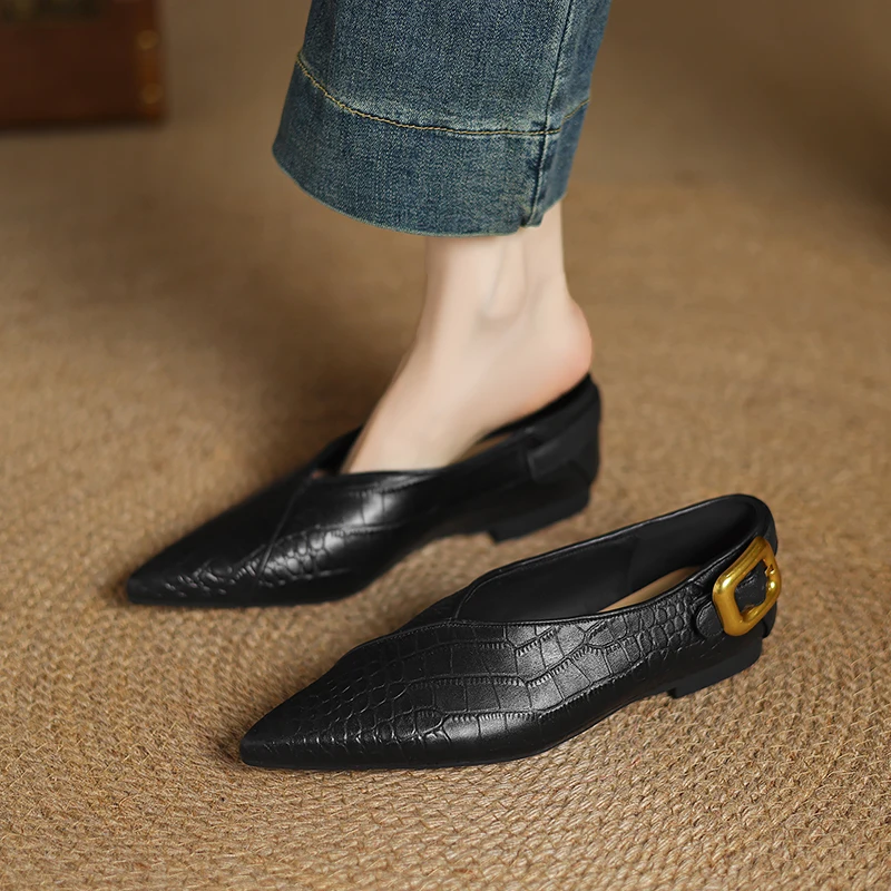 2026 New Spring Trend Genuine Leather Flats Sexy Lady Pointed Toe Leopard Flat Shoes Buckle Style Pattern Slip-on Fashion Pumps view 4