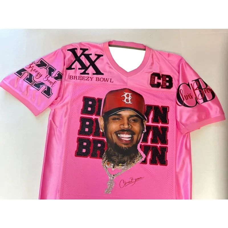Men Black Mesh V Neck Football Jersey Chris Brown CB XX Letter Print Breathable Quick Dry Hip Hop Sports Tee