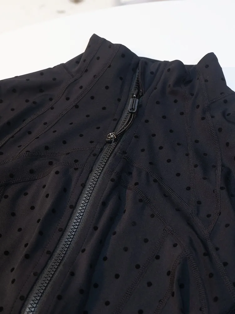 New Sweet Black Polka Dot Stand Collar Jacket Slim Fit Long Sleeve Sports Coat Versatile Fitness Yoga Top image 6