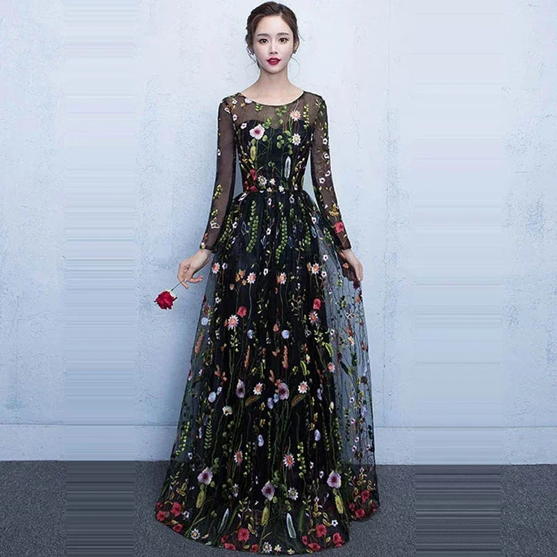 Evening Gown Black Floral Pattern Illusion O-neck Full Sleeves A-line Floor Length Plus size Women Party Dress Robe De Soiree