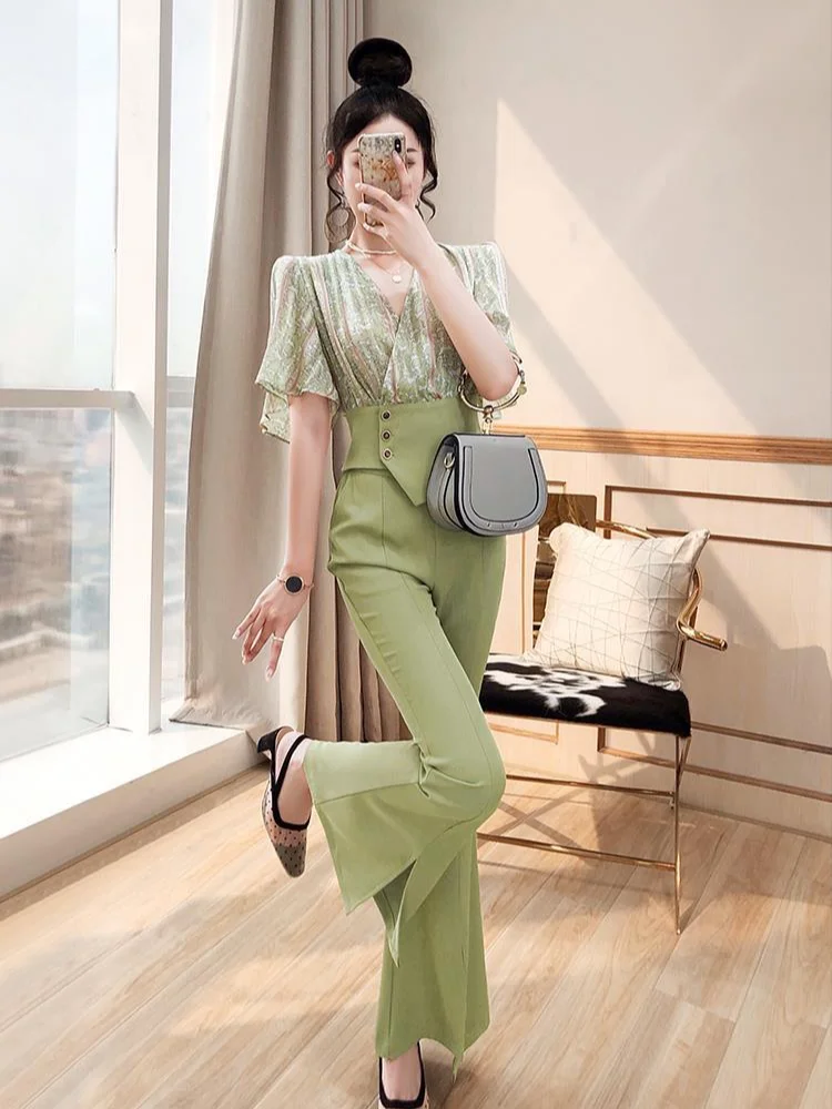 Pant Sets for Women 2 Pieces Holiday Outfits Green Summer 2024 Trousers Woman Korean Style Clothes D Promotion Casual Elegant