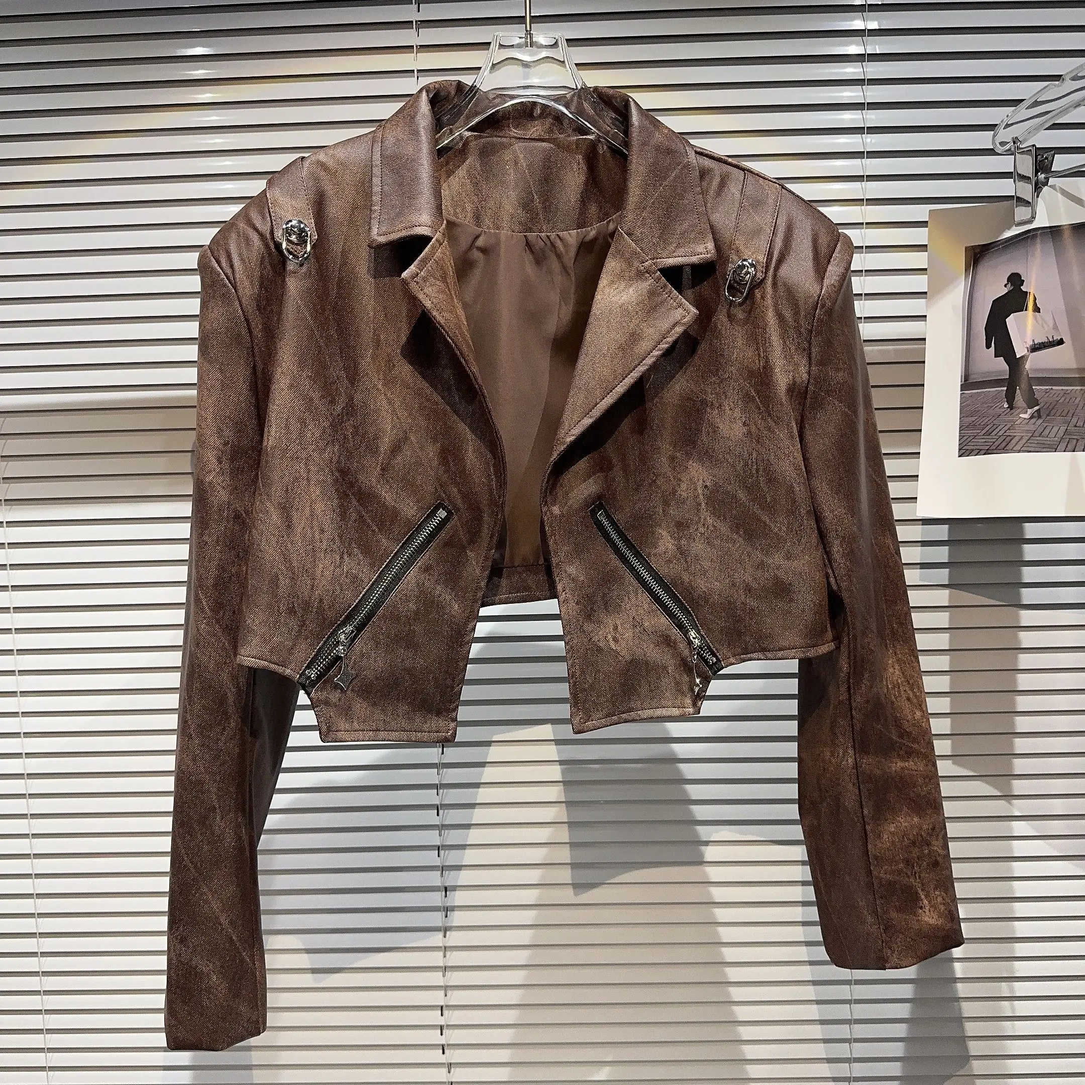 Street Sle ort PU الجلود Jaet 2023 الخريف Faion الصباغة Waed السائق Jaet سستة إغلاق طويل Sve قطع مستقيمة