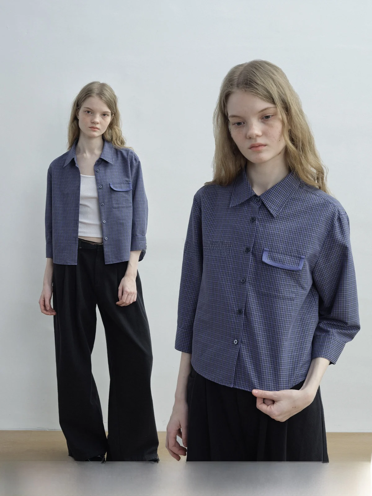 

Kokoasoko Blue Plaid Long Sleeve Shirt Jacket Women's Loose Seven-Foot Sleeve Top Casual Style Cotton Polyester Spring Summer...