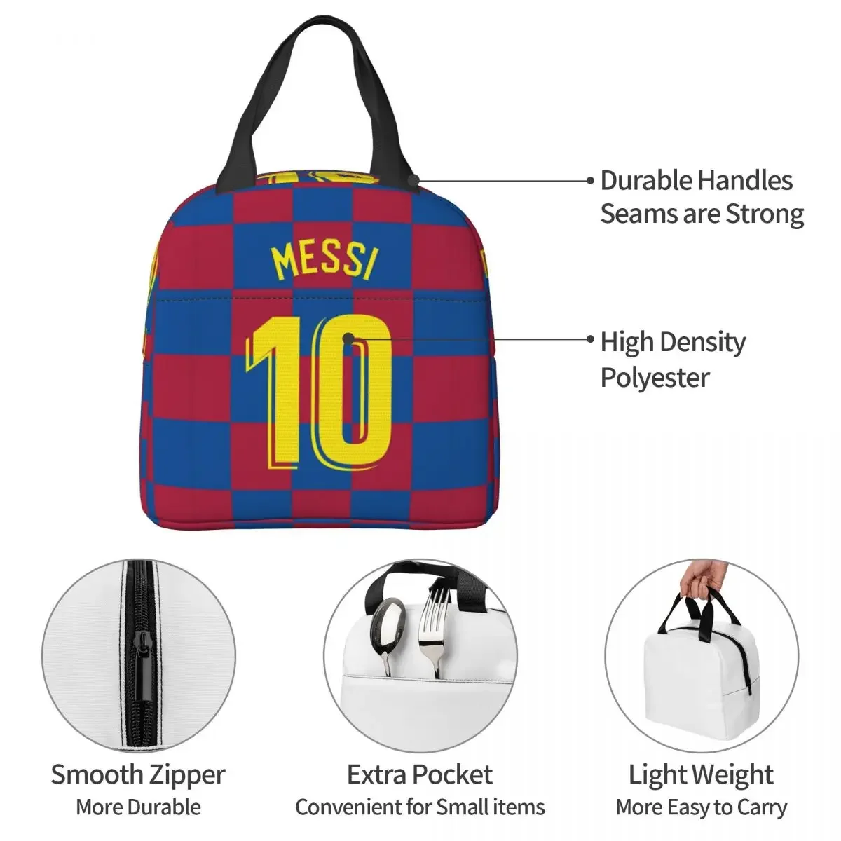 Messis 10 Checker Insulated Lunch Bags Cooler Bag Reusable Argentina Football Leakproof Tote Lunch Box for Men Women Picnic