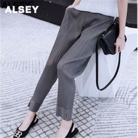 ALSEY Miyake Pleated Fashion Cropped Trousers Solid Color Plus Size Slim Fit Urban Casual Korean Style Split Pants Women's