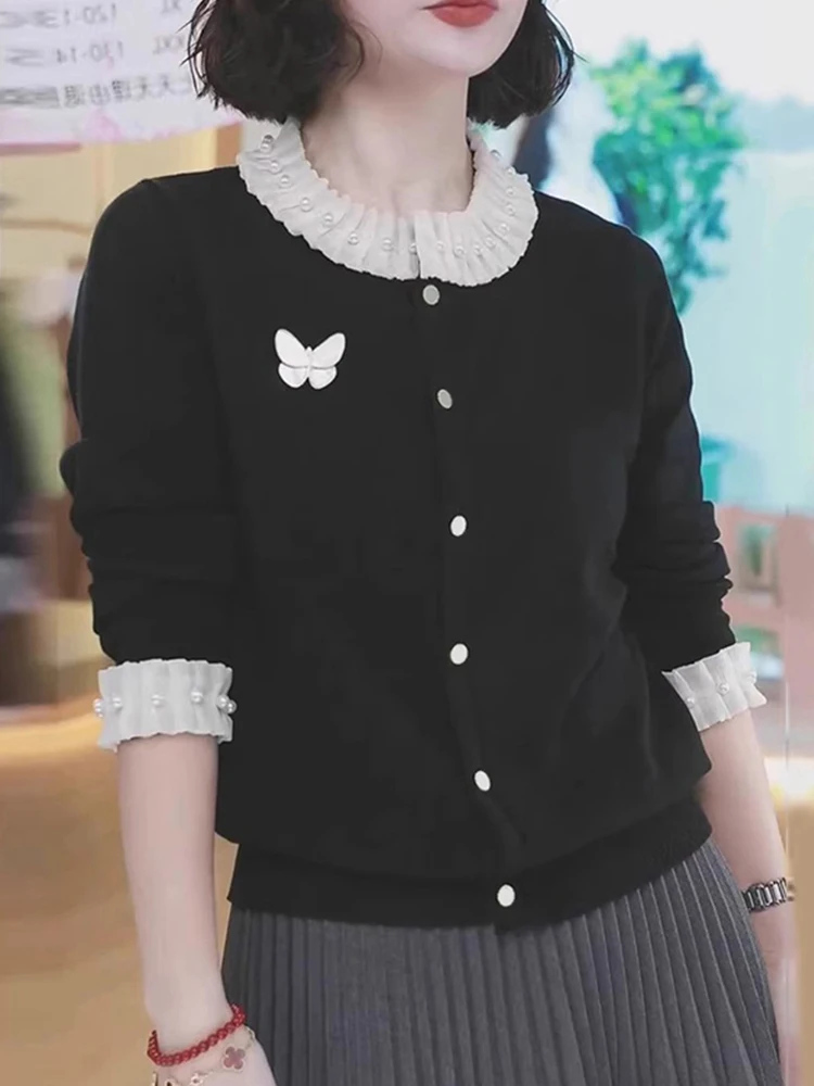 

Color Blo Beaded Long Sve Knitted Cardigan Ele Ladylike Sle Korean Faion Loose Fit Button up Sweater for Women