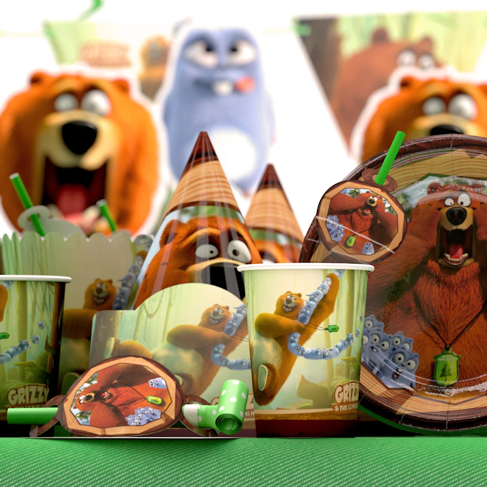 Grizzy and Lemmings Birthday Party Decoration Bear Mouse Party Supplies Tableware Sets Popcorn Box Banner Plates Straw Decor