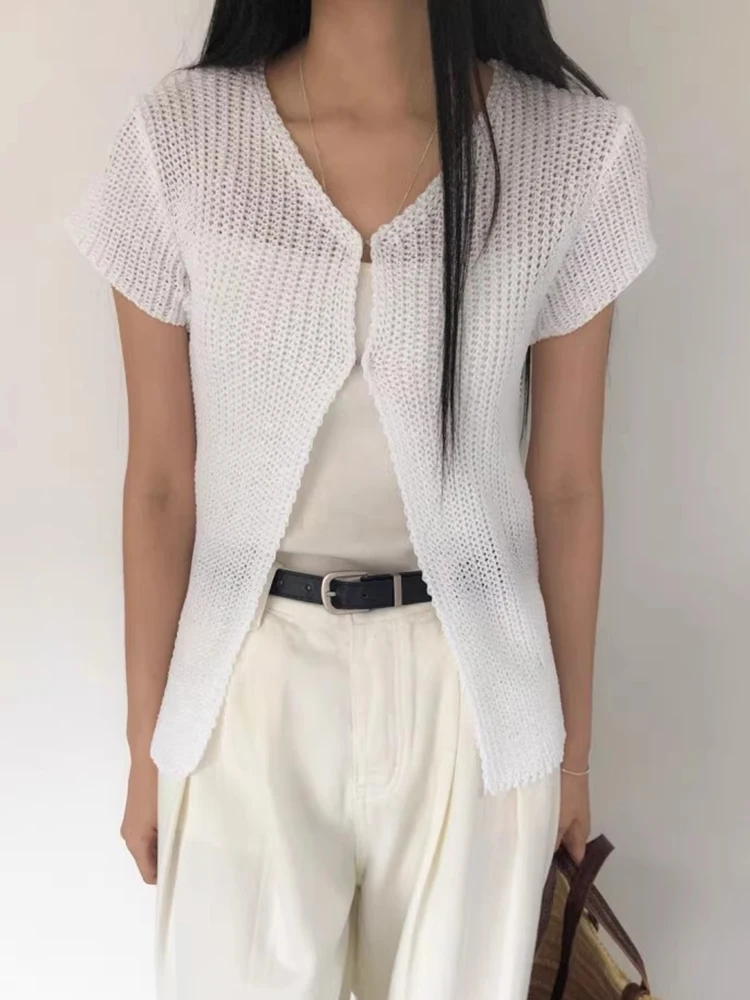 

Chic Summer Vintage Simple V-Ne Hollow Weave Loose Casual Versatile ort Sve Knitted Sweater Coat Women's Faion