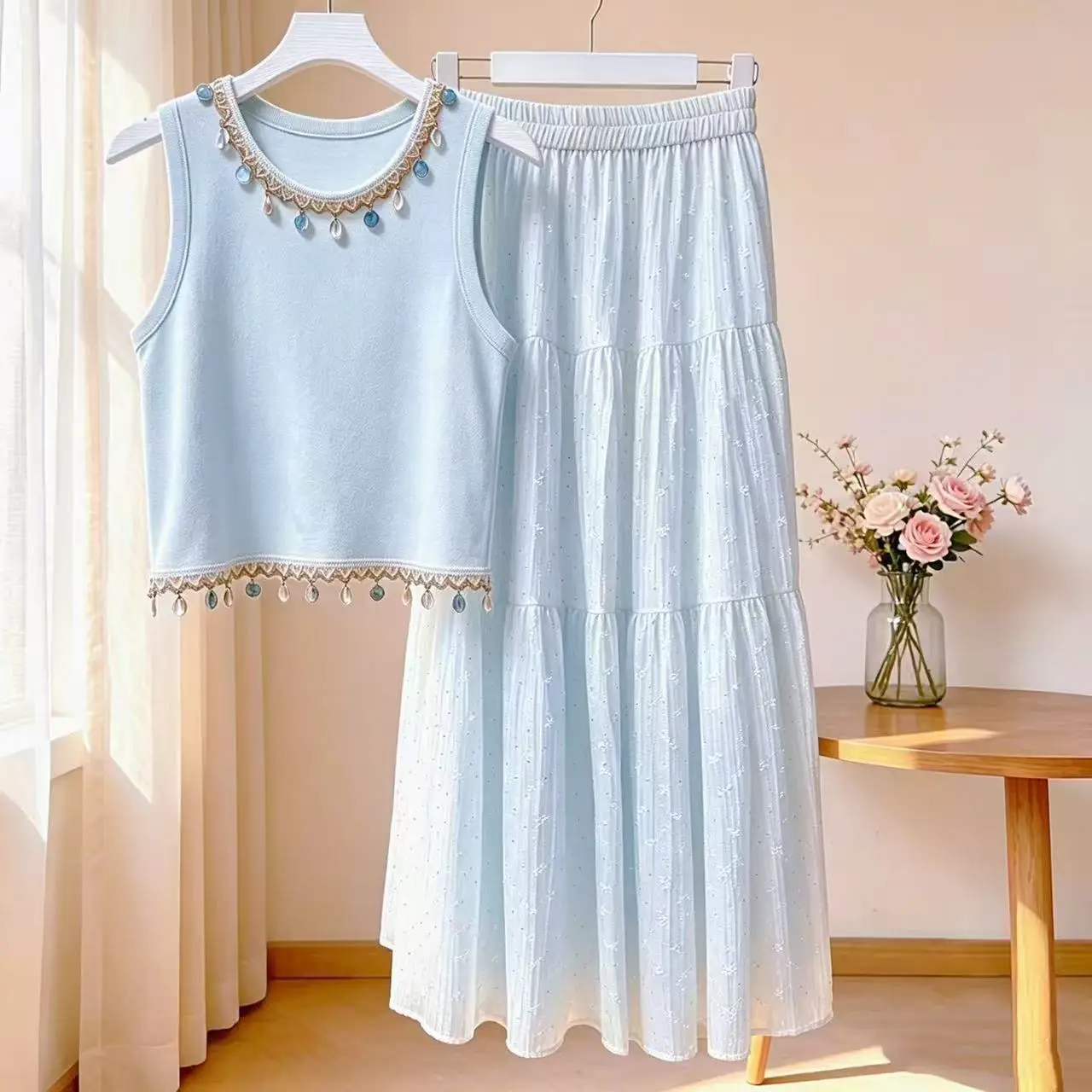 New Fashion Summer Casual Two Piece Set Women Sequin O-neck Sleeveless Vest Top + A-line Patchwork Skirt Casual Outfit