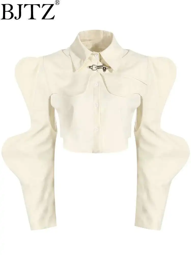 

BJTZ Casual Fashion Women's Shirt Lapel Sleeves Petal Sleeve Metal Button Solid Color Two Pieces Blouse Female Autumn 2024