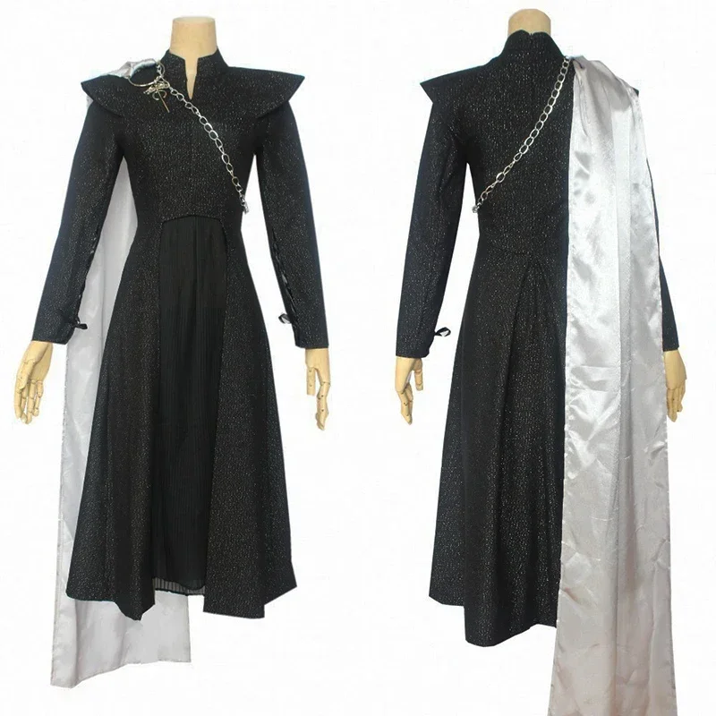 Daenerys Targaryen ชุดคอสเพลย์ผู้หญิงซีซั่น7ชุดแฟนซีชุดสีดำชุดเสื้อคลุมวิกผมฮาโลวีนคาร์นิวัล