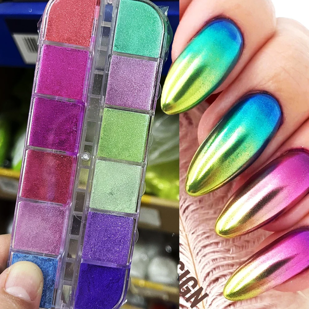 12Grids シマーマーメイドパールネイルミラーパウダーレインボーグラデーショングリッタークロームピグメントダスト超微細ネイルラビングパウダー＆*