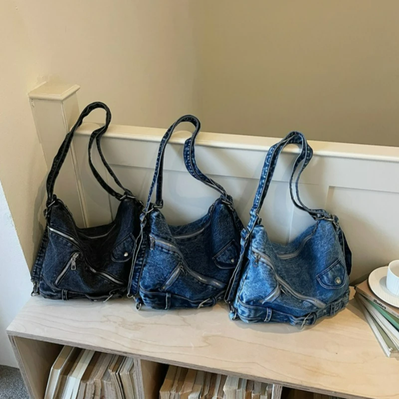 Korean Style Women Denim Backpack Multi Functional Fashion Heavy Duty Belt Buckle Shoulder Bag Large Capacity Student Backpack