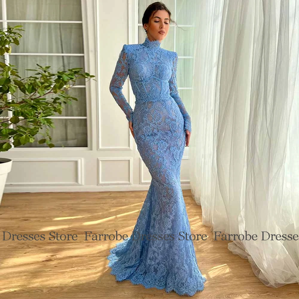 

Изысканные женские вечерние бальные платья 2025, кружевное платье русалки/трубы для выпускного вечера, синее платье с высоким воротником и оборками, женские церемониальные платья, длинные