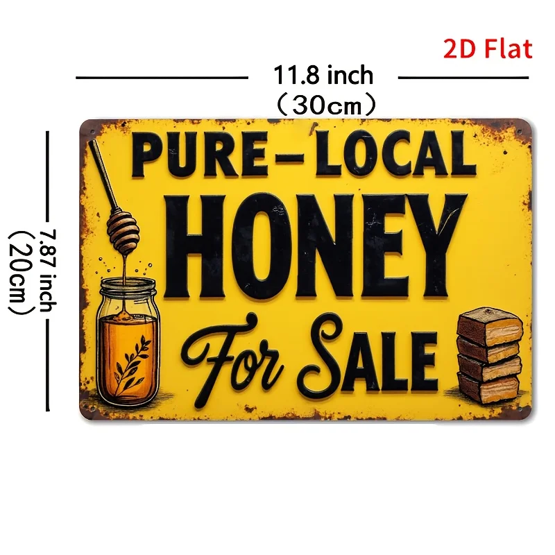 1pc Vintage/tin Sign-work,Yellow background with rust patterns and honey advertisement, the words