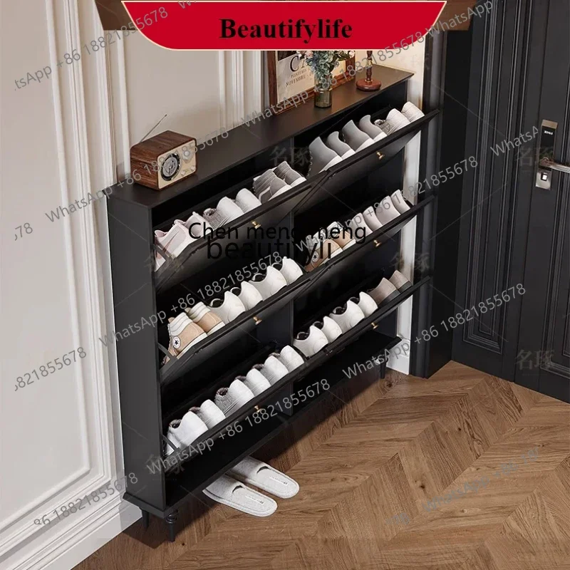 

G153 American ultra-thin tipping bucket shoe cabinet at home door retro narrow entry door black shoe cabinet