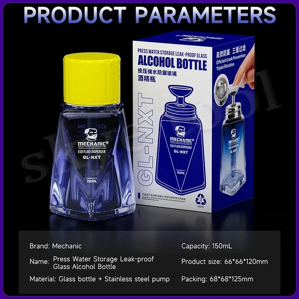 MECCANICO GL-NXT 150ML Presse Bottiglia di alcol in vetro a tenuta stagna per la riparazione del telefono cellulare Pulizia Saldatura Strumenti per bottiglie di alcol solvente