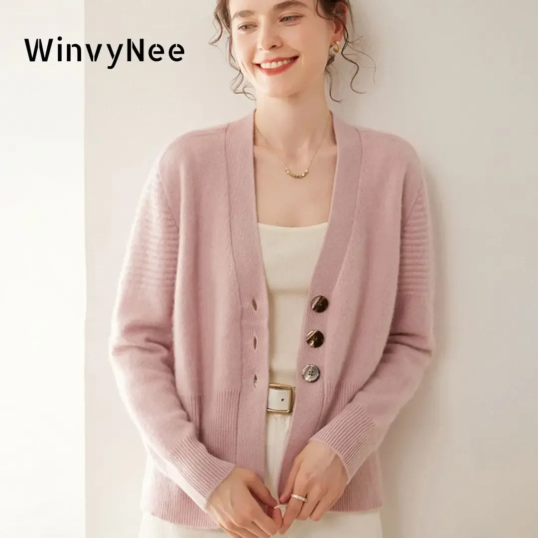 

WinvyNee Women's Clothing Cashmere Wool V Neck Cardigans Stretch Waist Sweaters Solid Warm Outerwears Tops Coats Winter B1054029