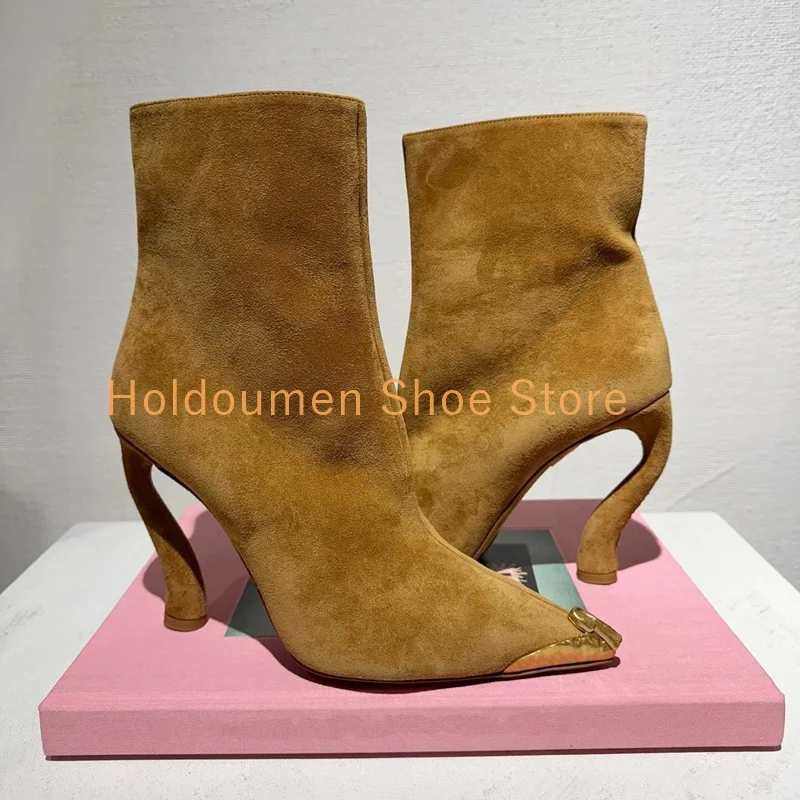 Women's Brown Suede Sexy S-Shaped Heel Ankle Boots Pointed Toe Metal Keyhole Decor Black Genuine Leather Side Zip Short Boots