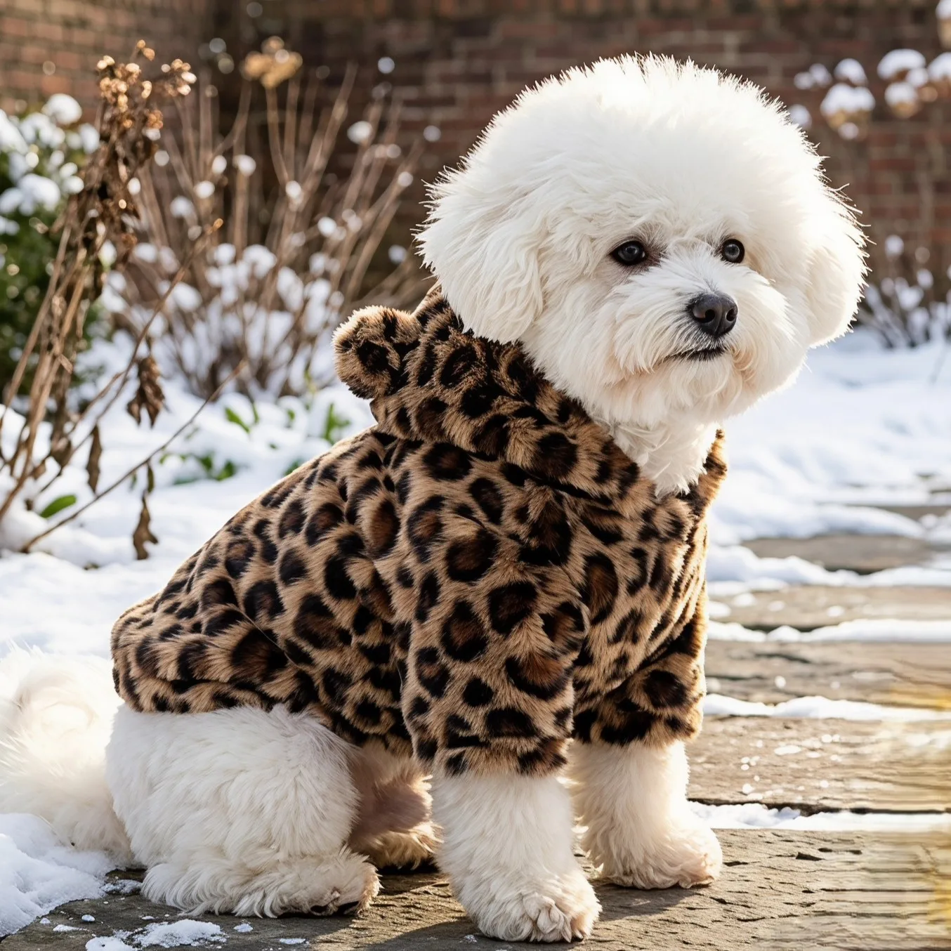 Hundejacke, Retro-Leopardenmuster, Kunstfell-Teddybär-Ohren, Kapuzenjacke mit Reißverschluss, dicke, flauschige, warme Haustierjacke – Detail 5