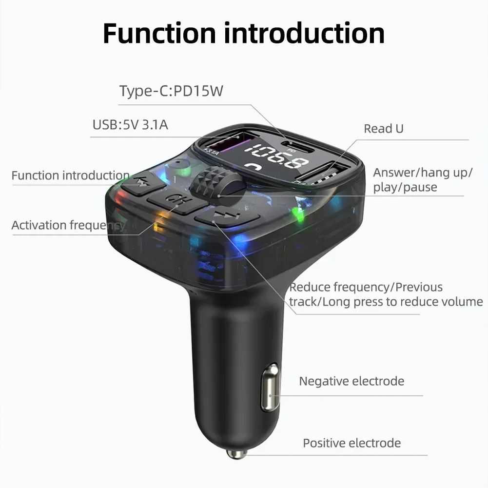 Car Phone Chargers Bluetooth 5.3 FM Transmitter Handsfree Charge Radio Modulator MP3 Player PD15W Super Quick Charge Adapter - náhled 6