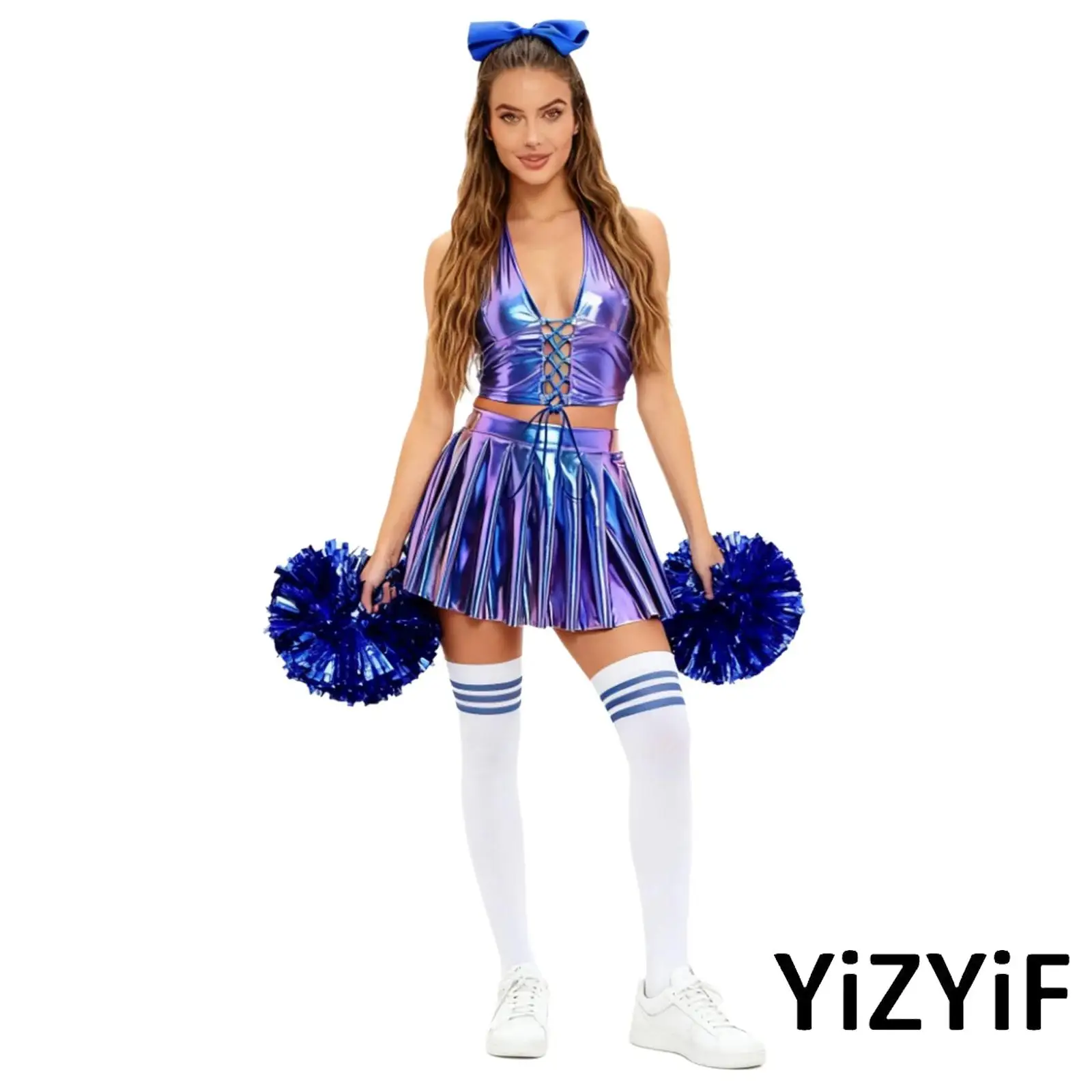 

Women Cheerleading Outfit Lace-up Halter Cheerleader Crop Top Pleated Miniskirt Bowknot Hair Loop Flower Balls And Stockings