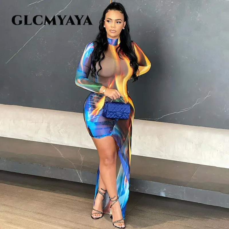 GLCMYAYA Women Tie Dye Galaxy Turtleneck Long Sleeve INS Asymmetrial Floor Length Bodycon Midi Ruched Maxi Long Dress Vestidos