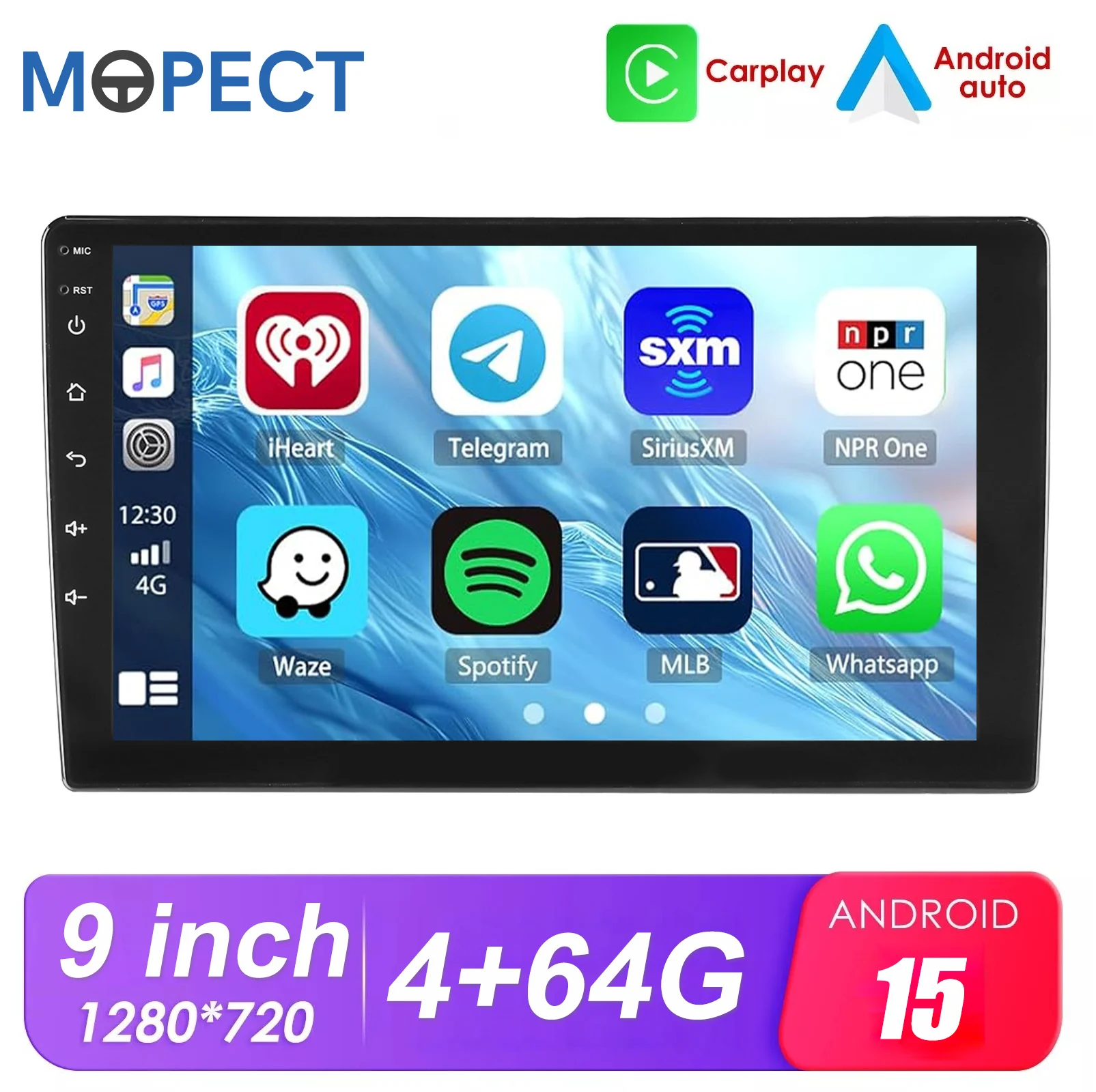 MOPECT 9-Zoll Android Auto Radio Doppel-DIN Autoradio Kabelloses Carplay Multimedia-Player Universal 9 Zoll 4+64G Auto-Stereoanlage GPS WLAN mit APPLE CARPLAY & ANDROID Auto