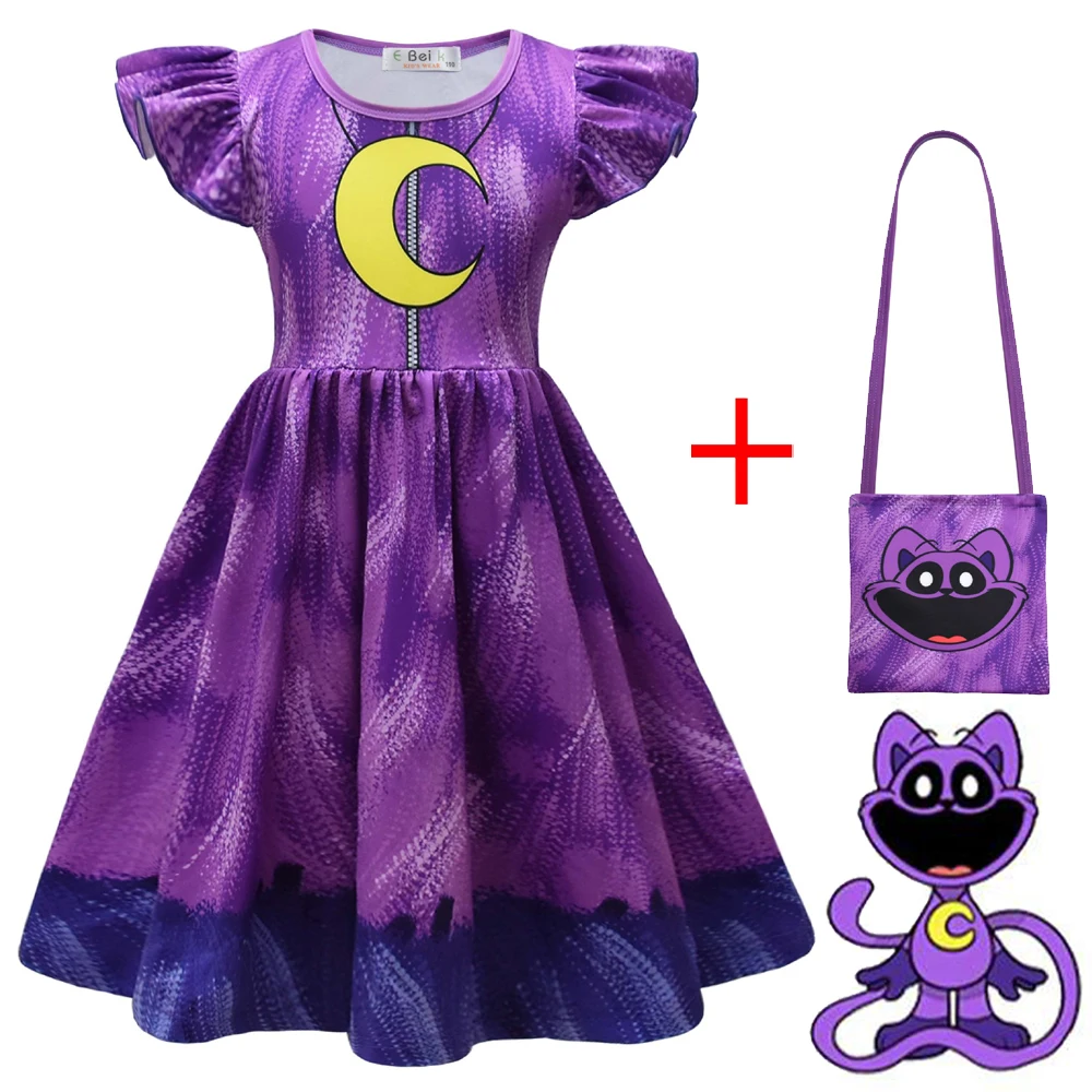 Cartoon Smiling Critters Baby Girl Dresses Kids Catnap Dogday Clothes Cosplay Costume Children Fly Sleeve Casual Dress + Bag