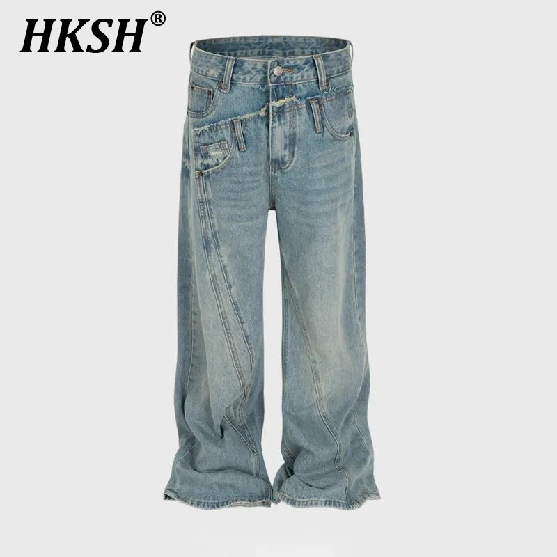 HKSH Autumn New Men's Tide Punk Spliced Jeans  Women's Chic Vintage Denim Pants Irregular Design Niche Straight Trend Ins HK2774