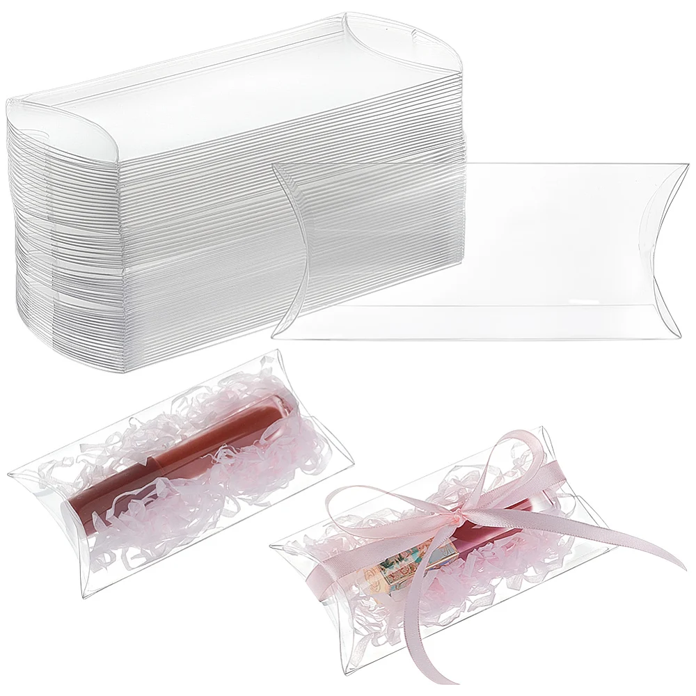 60Pcs Clear Plastic Pillow Favor Box Treat Gift Box for Wedding Party Favor Mother's Day Festival Gift 4.5x2.5x1 inch