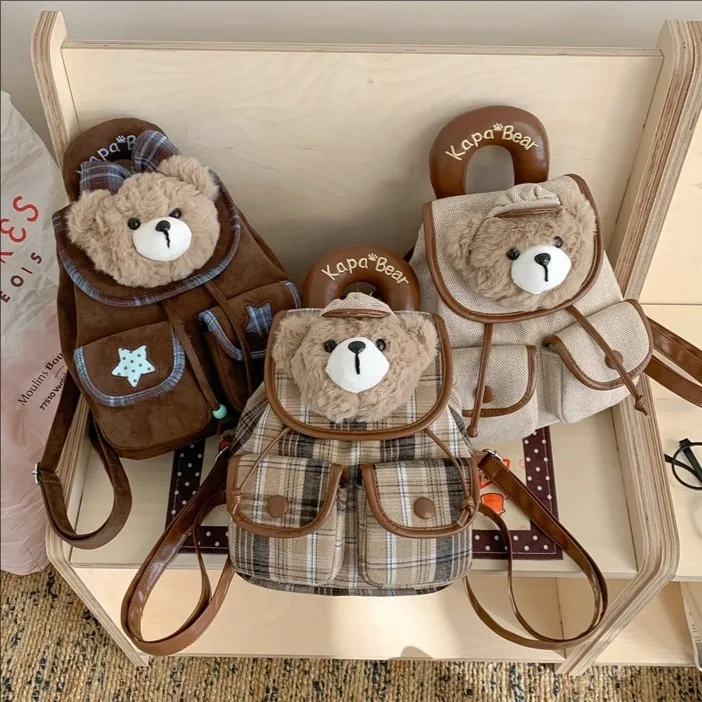 

2026 Brown Bear Plush Flap Backpack Sweet Cool Fashion Bag Cartoon Cute Plaid Mini Nylon Small Shoulder Bags For Young Lady