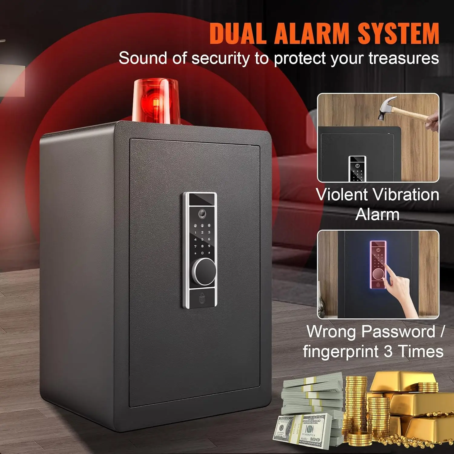 Steel Security Safe - 2.2 Cubic Feet, Fingerprint & Digital Keypad Lock, Fire-proof Bag, Protect Cash, Gold, Jewelry, Documents