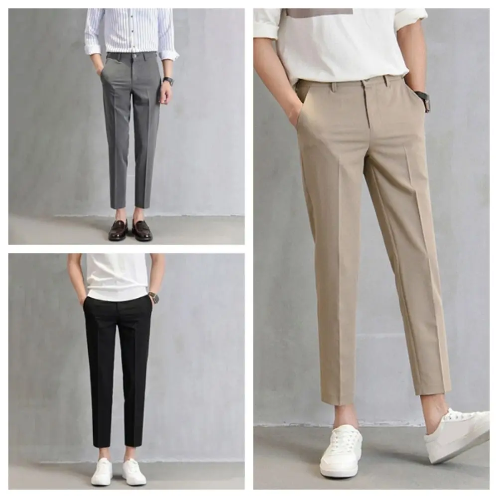 Cropped Pants Business Suit Pants Thin Solid Color Men's Formal Pants Straight Casual Trousers Classic Suit Pants Male