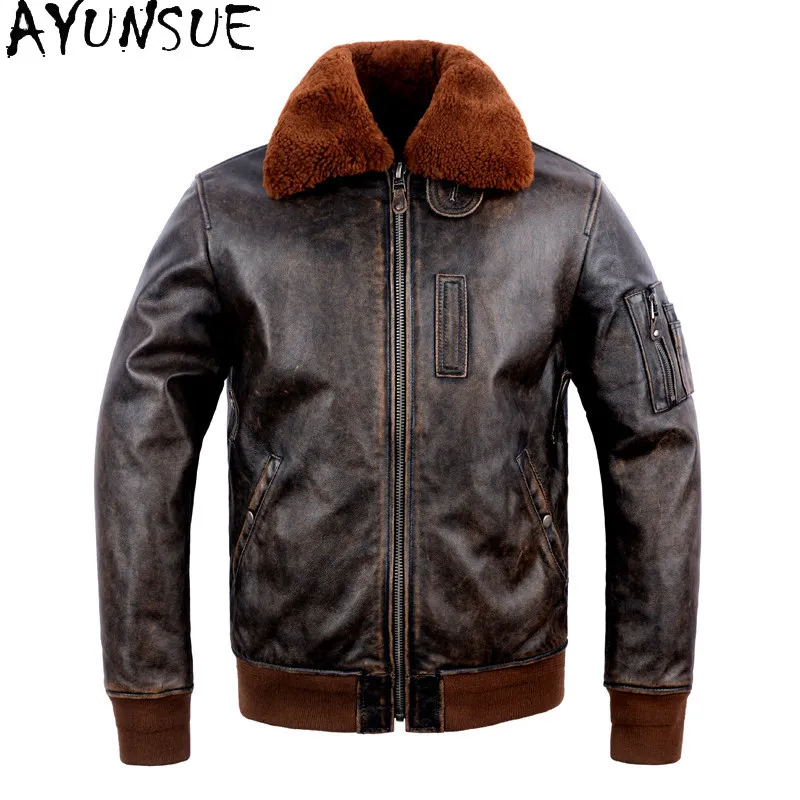 AYUNSUE Warm 100% Genuine Leather Jacket Men Autumn Winter Top Layer Cowhide Real Leather Coat Short Cotton-padded chaquetas