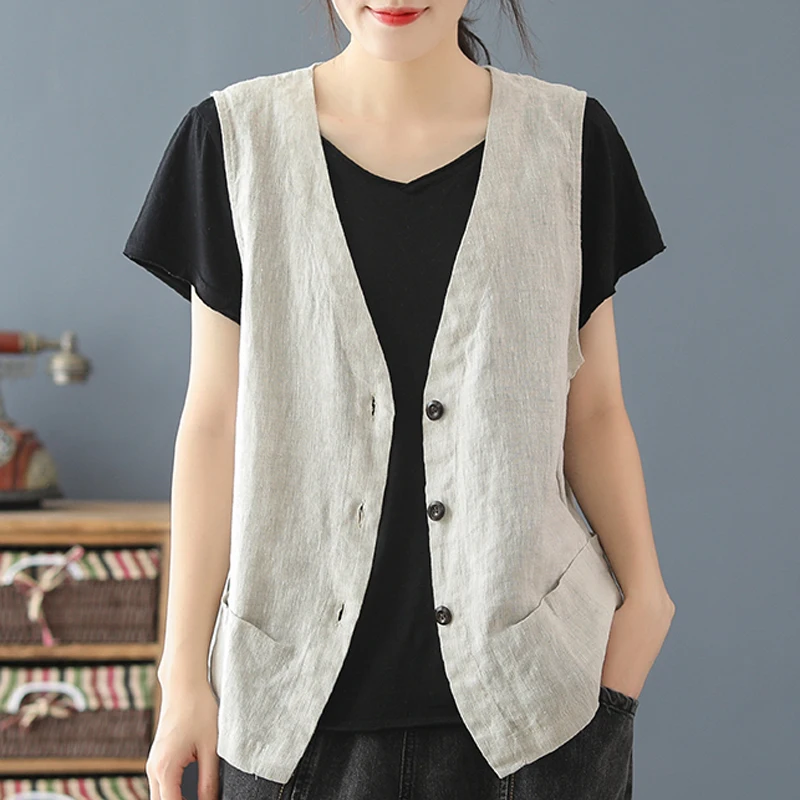 

Loose Cotton Linen Vest Outerwear Brand Women's Summer Slimming Svel oulder Pad Vest Comfortable Commute Sle