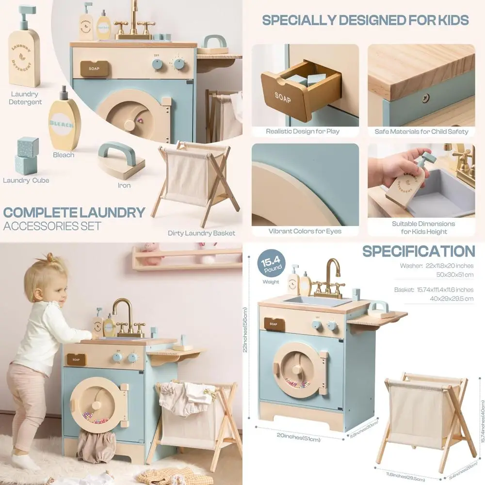 

Деревянный игровой набор для кухни с корзиной для белья, утюгом и раковиной для малышей от 3 лет