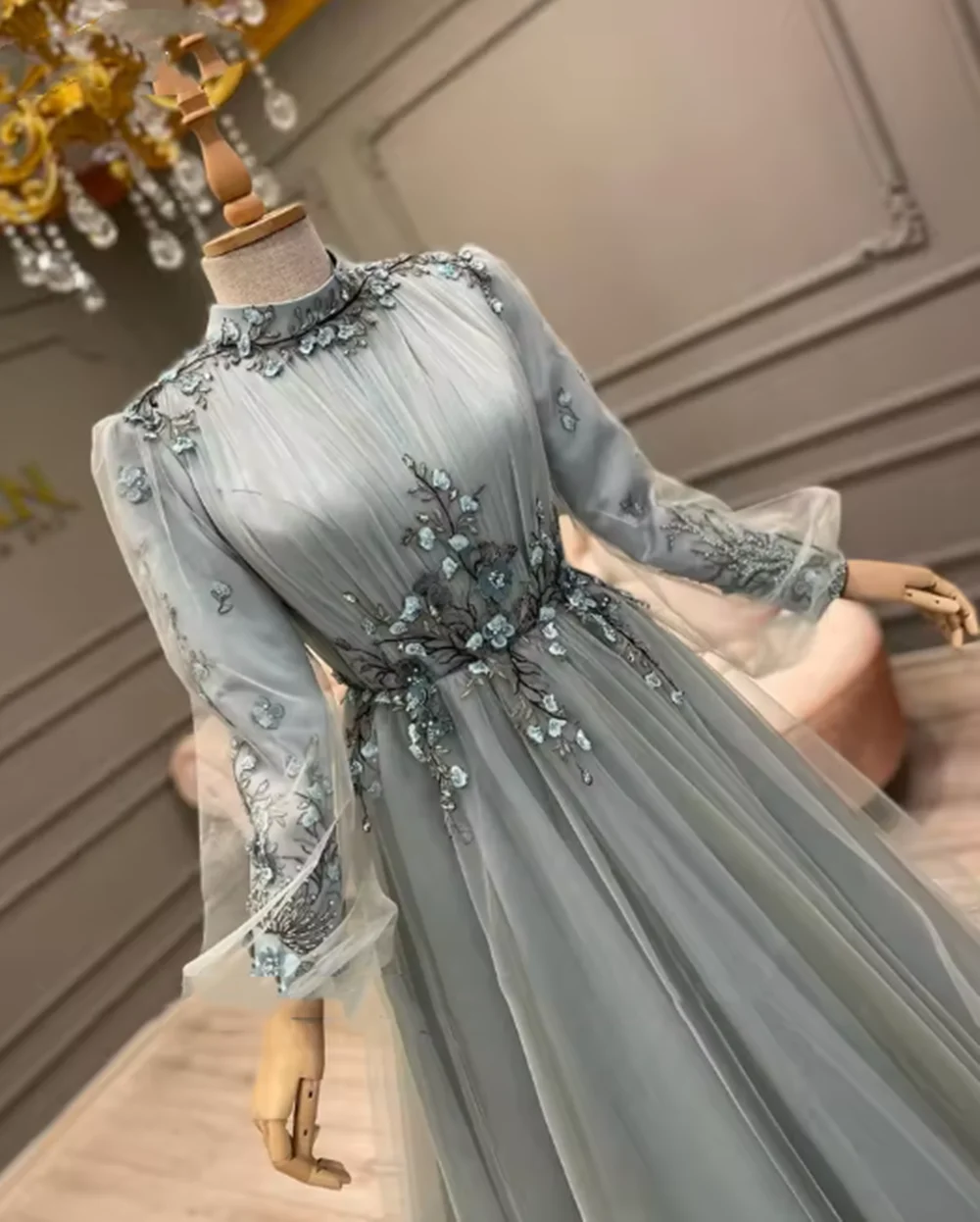 Vestidos De Noche musulmanes De manga larga, color azul polvoriento, una línea De tul con cuentas, flores, elegantes vestidos formales árabes De Dubái para graduación, bata De boda