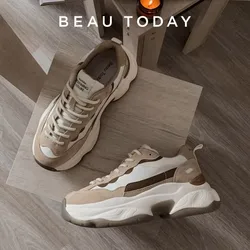 BeauToday Plateau-Sneaker für Damen, Wildleder, Patchwork-Stoff, runde Zehenpartie, gemischte Farben, Schnürung, klobige Sohle, Damen-Trainer 29430